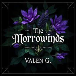 A captivating book cover design featuring mystery and dark fantasy elements, prominently showcasing striking Wolfsbane flowers with rich, deep purple petals and lush green foliage