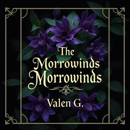 A captivating book cover design featuring mystery and dark fantasy elements, prominently showcasing striking Wolfsbane flowers with rich, deep purple petals and lush green foliage