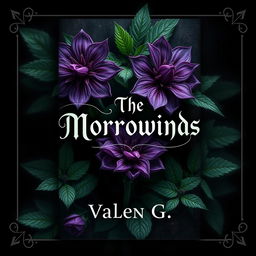 A captivating book cover design featuring mystery and dark fantasy elements, prominently showcasing striking Wolfsbane flowers with rich, deep purple petals and lush green foliage