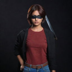 The image depicts a fair-complexioned Indian girl with reddish-brown short hair, her left eye covered solely by a black eyepatch. In a full-sleeve red t-shirt and jeans, she brandishes a sword against the backdrop of a profound darkness.