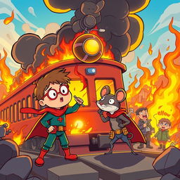 A vibrant cartoon scene depicting a brave young boy and his clever rat companion embarking on a thrilling adventure to save a burning train