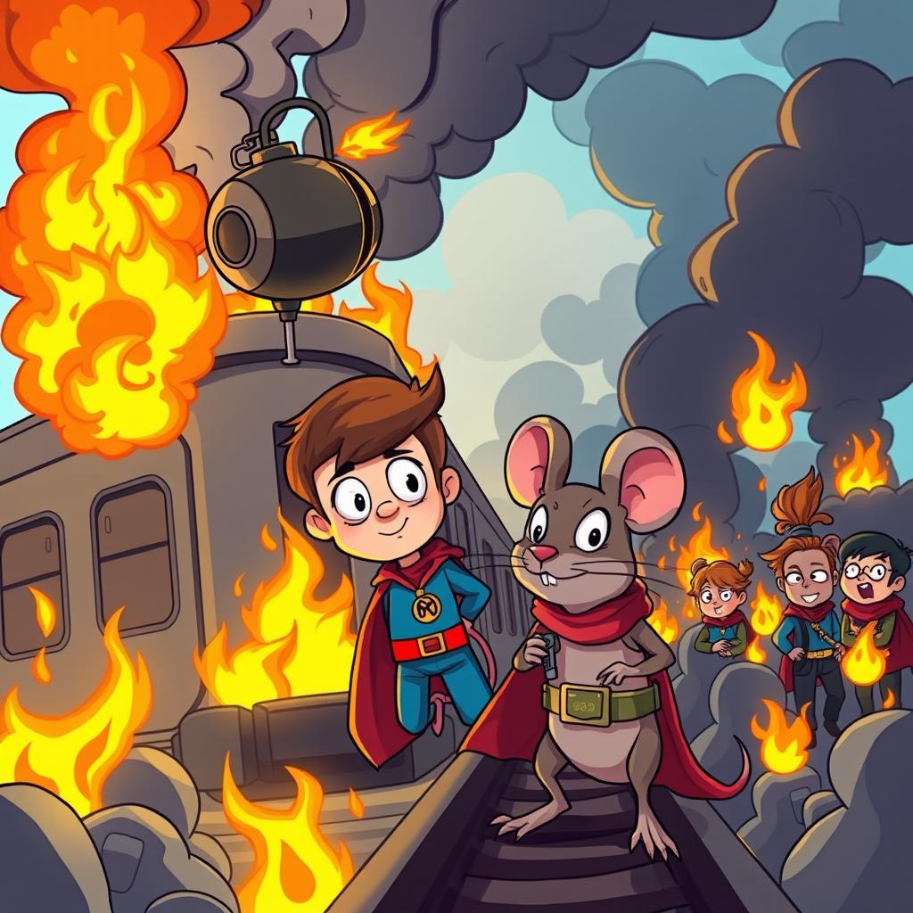 A vibrant cartoon scene depicting a brave young boy and his clever rat companion embarking on a thrilling adventure to save a burning train