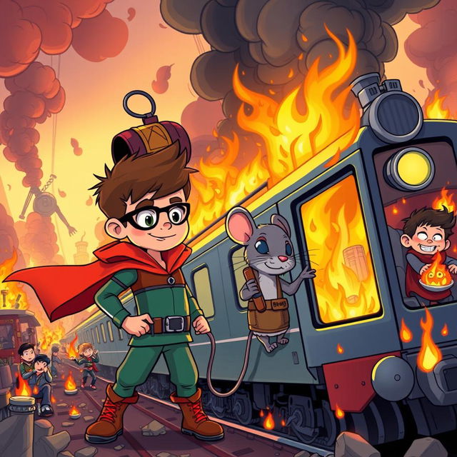 A vibrant cartoon scene depicting a brave young boy and his clever rat companion embarking on a thrilling adventure to save a burning train