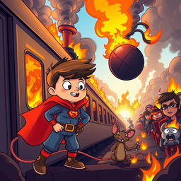 A vibrant cartoon scene depicting a brave young boy and his clever rat companion embarking on a thrilling adventure to save a burning train