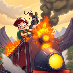 A vibrant cartoon scene depicting a courageous young boy and his clever rat sidekick working together on top of a speeding train engulfed in flames