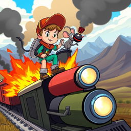 A vibrant cartoon scene depicting a courageous young boy and his clever rat sidekick working together on top of a speeding train engulfed in flames