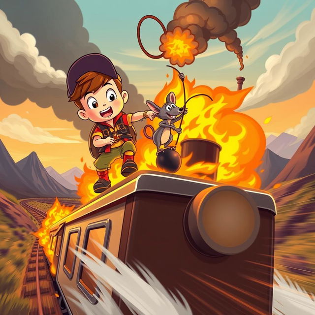 A vibrant cartoon scene depicting a courageous young boy and his clever rat sidekick working together on top of a speeding train engulfed in flames