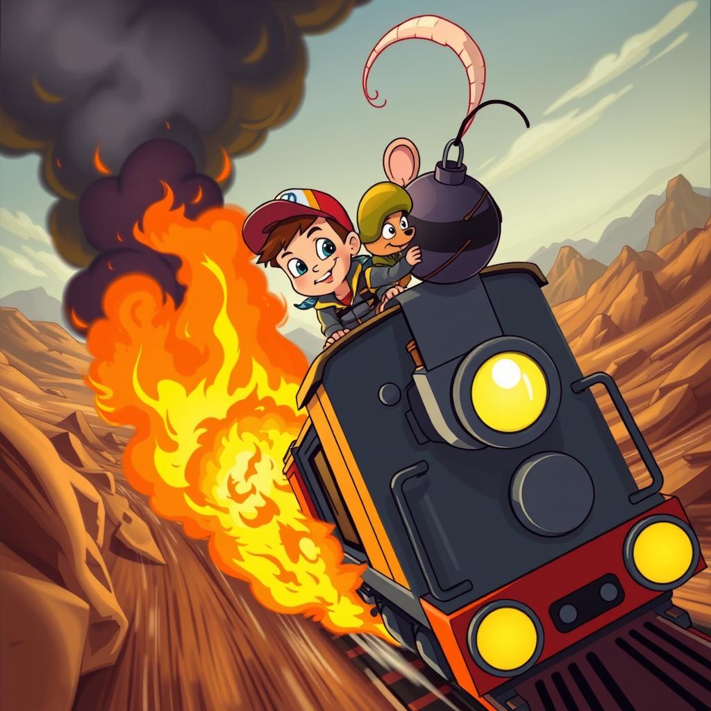 A vibrant cartoon scene depicting a courageous young boy and his clever rat sidekick working together on top of a speeding train engulfed in flames