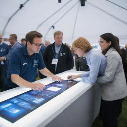 Inside an 'Innovation Tent', cutting-edge technology and advancements in robotics, AI, renewable energy, and space exploration are showcased. Visitors interact with futuristic displays and hands-on designs, becoming engrossed in the vivid representation of technology.