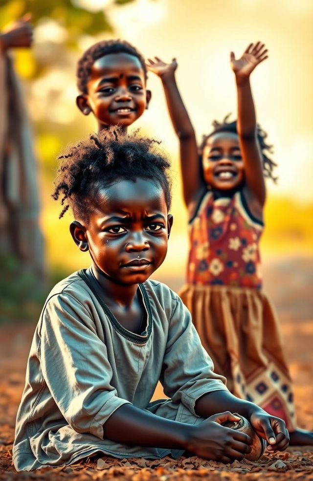 A heartfelt scene depicting two young African girls, one sitting on the ground in a moment of sorrow, with tears glistening on her cheeks, her expression conveying deep sadness and betrayal