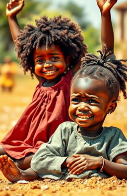 A heartfelt scene depicting two young African girls, one sitting on the ground in a moment of sorrow, with tears glistening on her cheeks, her expression conveying deep sadness and betrayal