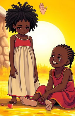 A heartfelt scene depicting two young African girls, one sitting on the ground in a moment of sorrow, with tears glistening on her cheeks, her expression conveying deep sadness and betrayal