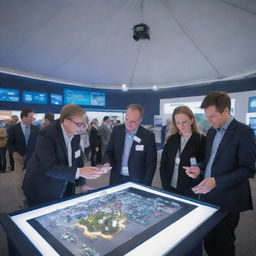 Inside an 'Innovation Tent', cutting-edge technology and advancements in robotics, AI, renewable energy, and space exploration are showcased. Visitors interact with futuristic displays and hands-on designs, becoming engrossed in the vivid representation of technology.