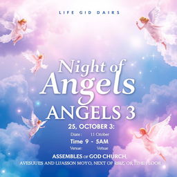 A vibrant and ethereal poster for an event titled "Night of Angels 3" featuring a dreamlike background filled with soft clouds and delicate angelic visuals