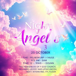 A vibrant and ethereal poster for an event titled "Night of Angels 3" featuring a dreamlike background filled with soft clouds and delicate angelic visuals