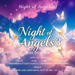 A vibrant and ethereal poster for an event titled "Night of Angels 3" featuring a dreamlike background filled with soft clouds and delicate angelic visuals