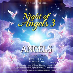 A vibrant and ethereal poster for an event titled "Night of Angels 3" featuring a dreamlike background filled with soft clouds and delicate angelic visuals