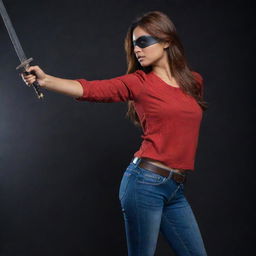 Create a side view of the brave Indian girl, her fair complexion and reddish-brown hair accentuated, a black eyepatch over her left eye. She's wearing a red, full-sleeved t-shirt and jeans, brandishing a sword, standing amid an engulfing darkness.