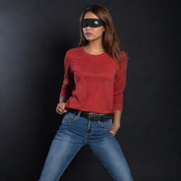 Create a side view of the brave Indian girl, her fair complexion and reddish-brown hair accentuated, a black eyepatch over her left eye. She's wearing a red, full-sleeved t-shirt and jeans, brandishing a sword, standing amid an engulfing darkness.