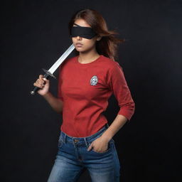 Create a side view of the brave Indian girl, her fair complexion and reddish-brown hair accentuated, a black eyepatch over her left eye. She's wearing a red, full-sleeved t-shirt and jeans, brandishing a sword, standing amid an engulfing darkness.