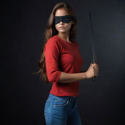 Create a side view of the brave Indian girl, her fair complexion and reddish-brown hair accentuated, a black eyepatch over her left eye. She's wearing a red, full-sleeved t-shirt and jeans, brandishing a sword, standing amid an engulfing darkness.