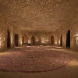 An 'Artistic Tent Maze' installation composed of interconnected Arab tents, forming a labyrinth adorned with vibrant artworks and sculptures. Visitors navigate the maze, uncovering hidden artistic treasures at each turn.