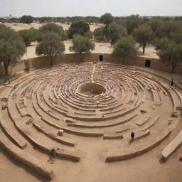 An 'Artistic Tent Maze' installation composed of interconnected Arab tents, forming a labyrinth adorned with vibrant artworks and sculptures. Visitors navigate the maze, uncovering hidden artistic treasures at each turn.