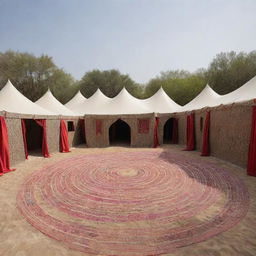 An 'Artistic Tent Maze' installation composed of interconnected Arab tents, forming a labyrinth adorned with vibrant artworks and sculptures. Visitors navigate the maze, uncovering hidden artistic treasures at each turn.