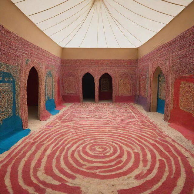 An 'Artistic Tent Maze' installation composed of interconnected Arab tents, forming a labyrinth adorned with vibrant artworks and sculptures. Visitors navigate the maze, uncovering hidden artistic treasures at each turn.