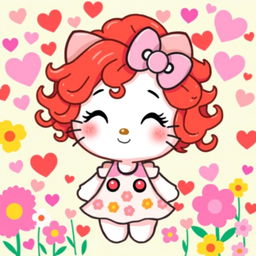 A cute and playful character resembling Hello Kitty, featuring vibrant, curly red hair