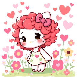 A cute and playful character resembling Hello Kitty, featuring vibrant, curly red hair