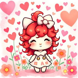 A cute and playful character resembling Hello Kitty, featuring vibrant, curly red hair