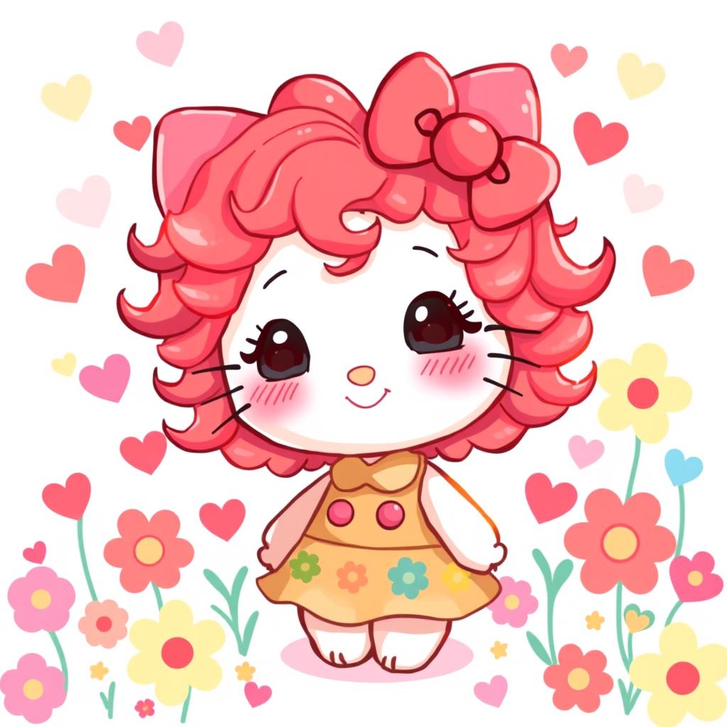 A cute and playful character resembling Hello Kitty, featuring vibrant, curly red hair