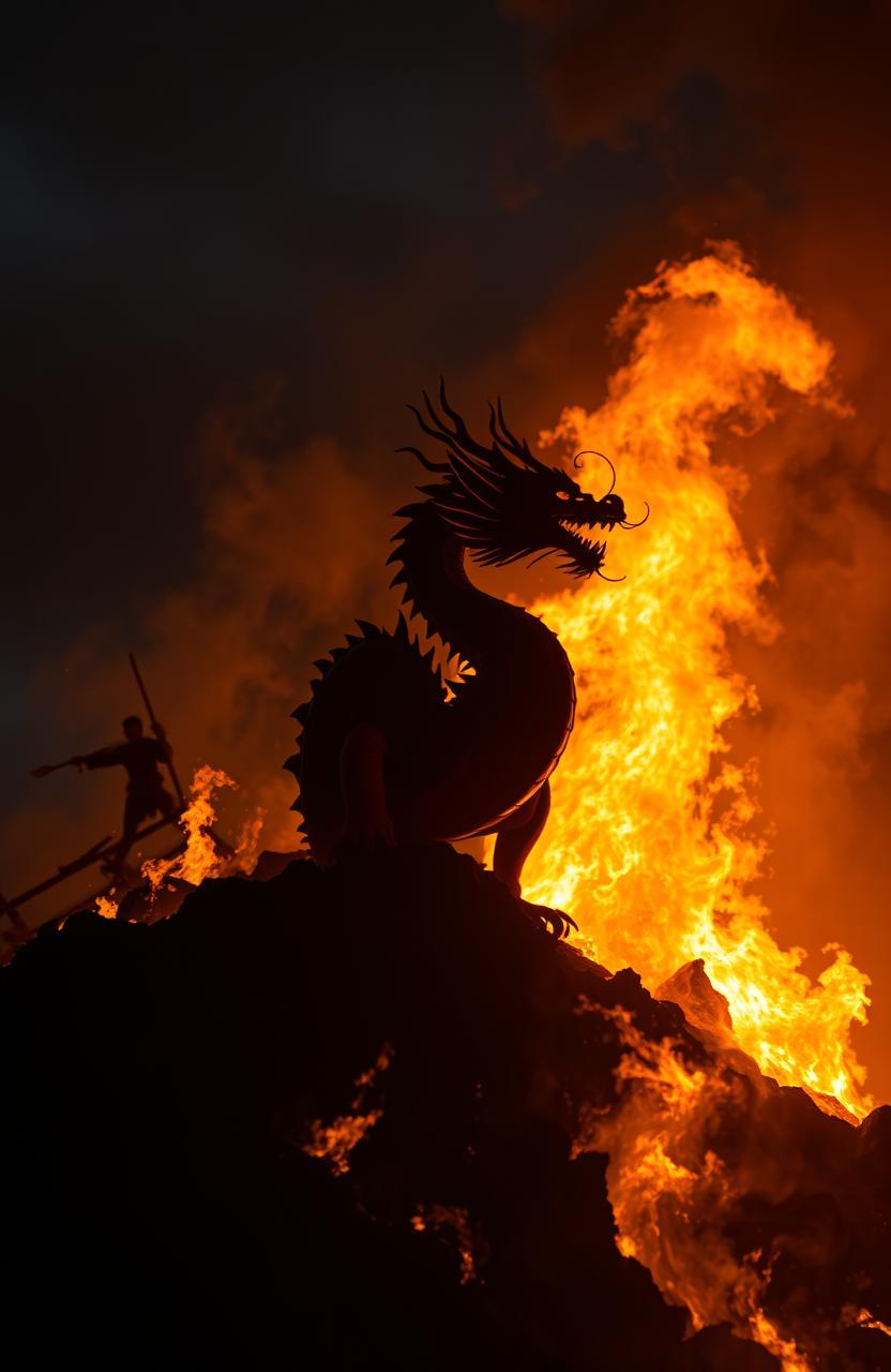 A Chinese dragon emerging from a raging fire on a hill at night, silhouetted against the flames