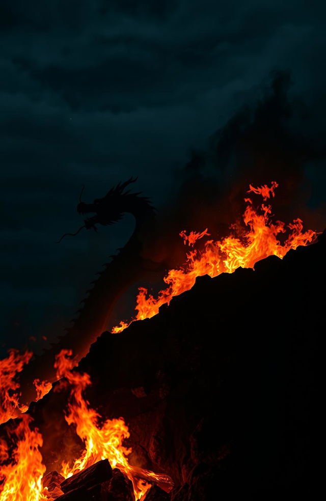 A Chinese dragon emerging from a raging fire on a hill at night, silhouetted against the flames