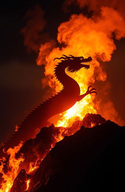 A Chinese dragon emerging from a raging fire on a hill at night, silhouetted against the flames