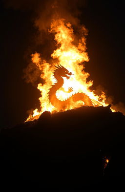 A Chinese dragon emerging from a raging fire on a hill at night, silhouetted against the flames