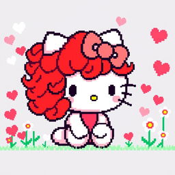 A pixel art version of a cute character resembling Hello Kitty, featuring vibrant, curly red hair