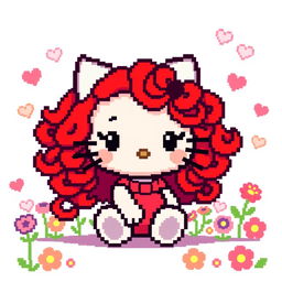 A pixel art version of a cute character resembling Hello Kitty, featuring vibrant, curly red hair