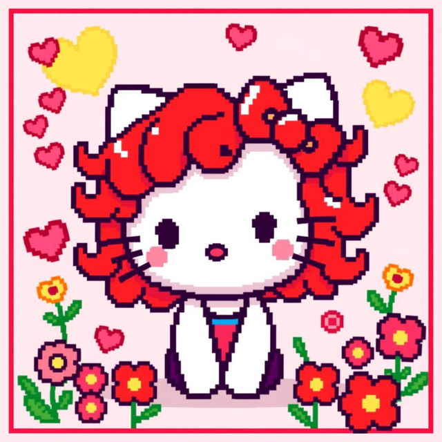 A pixel art version of a cute character resembling Hello Kitty, featuring vibrant, curly red hair