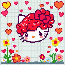 A pixel art version of a cute character resembling Hello Kitty, featuring vibrant, curly red hair