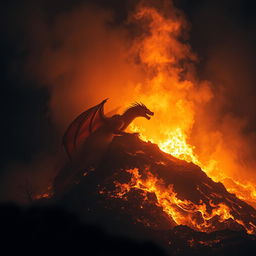 A dragon emerging from a hill engulfed in raging flames at night, with its structure softly faded into the fiery backdrop