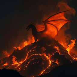 A dragon emerging from a hill engulfed in raging flames at night, with its structure softly faded into the fiery backdrop