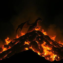 A dragon emerging from a hill engulfed in raging flames at night, with its structure softly faded into the fiery backdrop