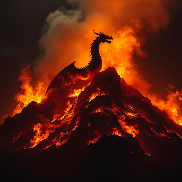 A dragon emerging from a hill engulfed in raging flames at night, with its structure softly faded into the fiery backdrop