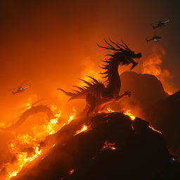 A Chinese dragon with long spikes emerging from a hill engulfed in raging fire at night, its structure faded and difficult to see against the blaze