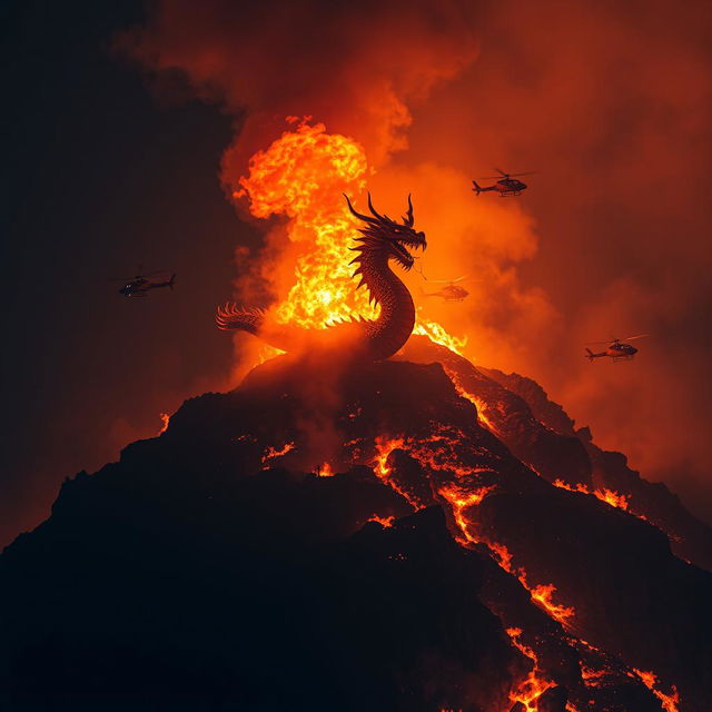 A Chinese dragon with long spikes emerging from a hill engulfed in raging fire at night, its structure faded and difficult to see against the blaze