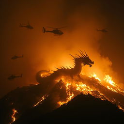 A Chinese dragon with long spikes emerging from a hill engulfed in raging fire at night, its structure faded and difficult to see against the blaze