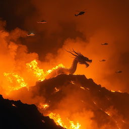 A Chinese dragon with long spikes emerging from a hill engulfed in raging fire at night, its structure faded and difficult to see against the blaze