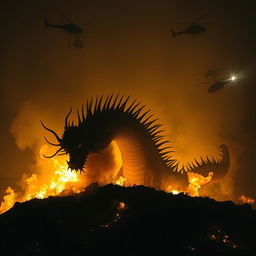 A Chinese dragon adorned with long spikes along its entire body, emerging from a fiery hill at night